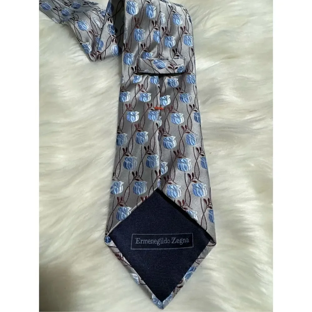 Ermenegildo Zegna 100% Silk silver blue floral print mens neck tie